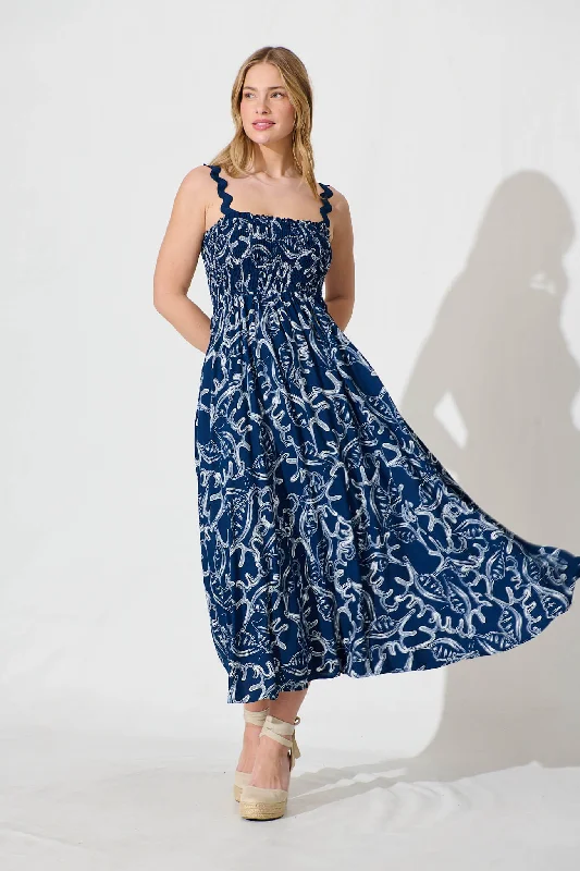 Mora Maxi Sundress In Navy Print Ric Rac TrimNew Discounts Just Dropped!