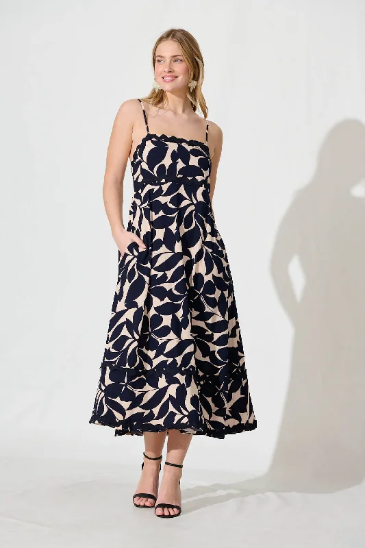 Nightbloom Maxi Sundress In Navy Leaf With Ric Rac TrimSavings You Can’t Ignore!