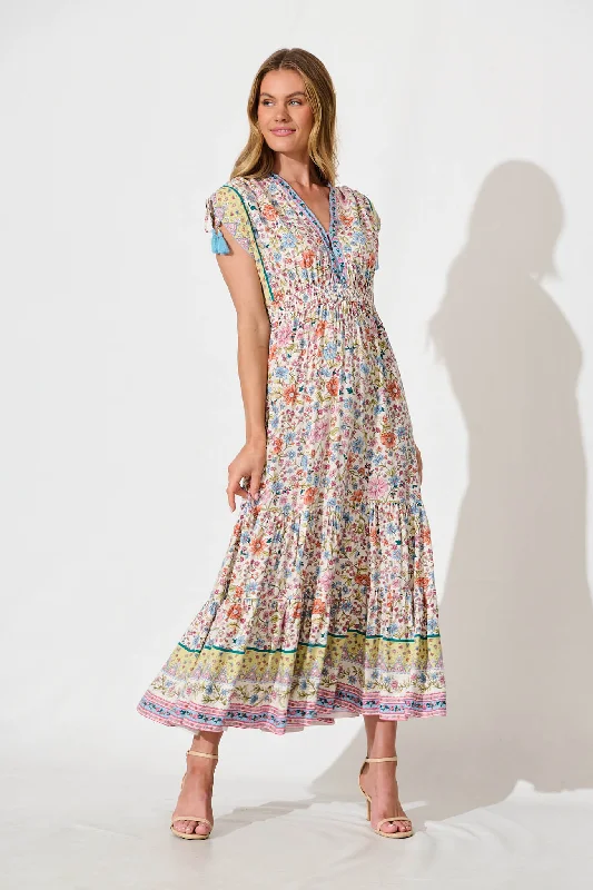 Olina Maxi Dress in White with Multi Floral Border PrintGrab Yours Before It’s Too Late!