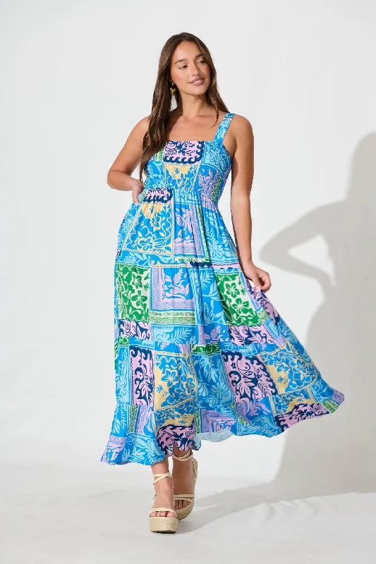 Panola Maxi Sundress In Blue With Multi Tile PrintStock Up and Save!