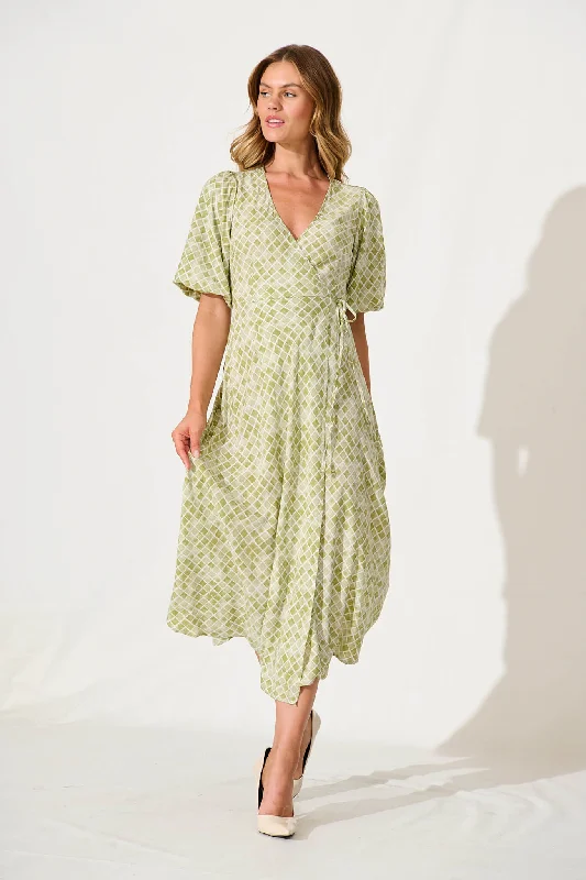 Paula Midi Wrap Dress In Green PrintLimited Time Offer!