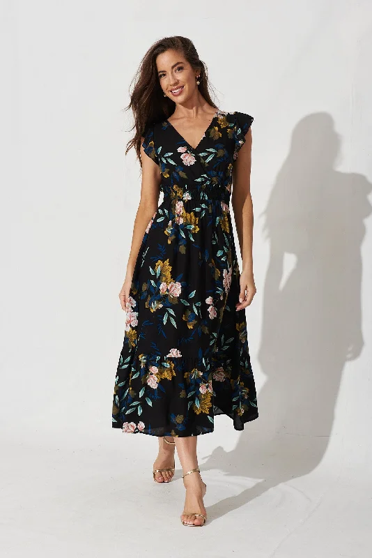 Pescara Midi Dress In Black With Green LeafStock Up and Save!