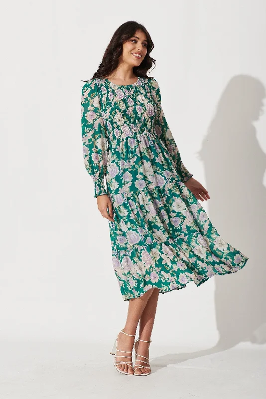 Petula Midi Dress In Teal With Multi Floral PrintStock Up and Save!