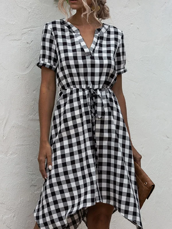 Plaid short sleeve dress - notched necklineYour Shopping Wish, Our Discount Command!