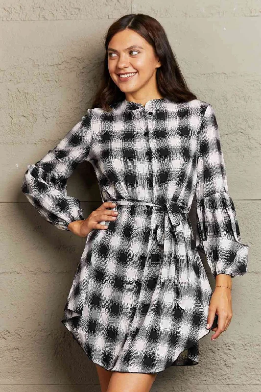 Plaid Tie Waist Lantern Sleeve Mini DressGet Ready to Save!