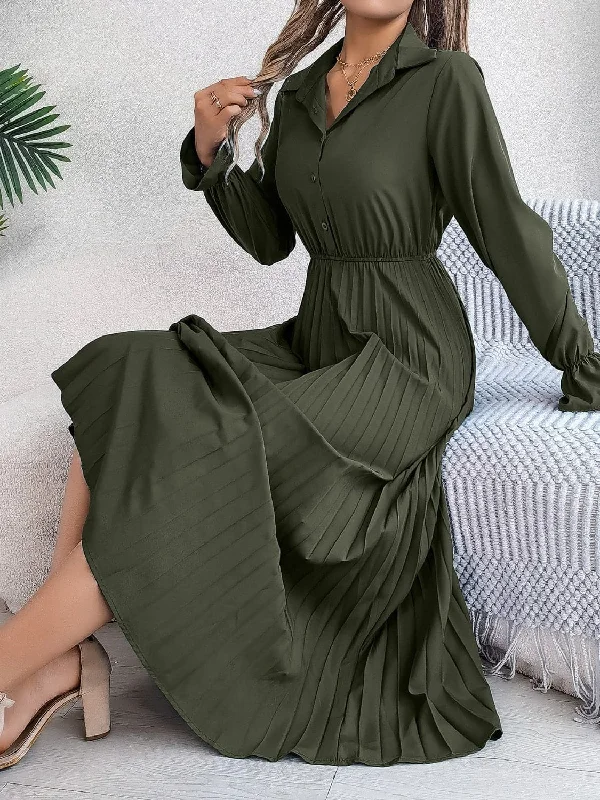 Chic Pleated Midi Dress with ButtonsShop More, Spend Less!