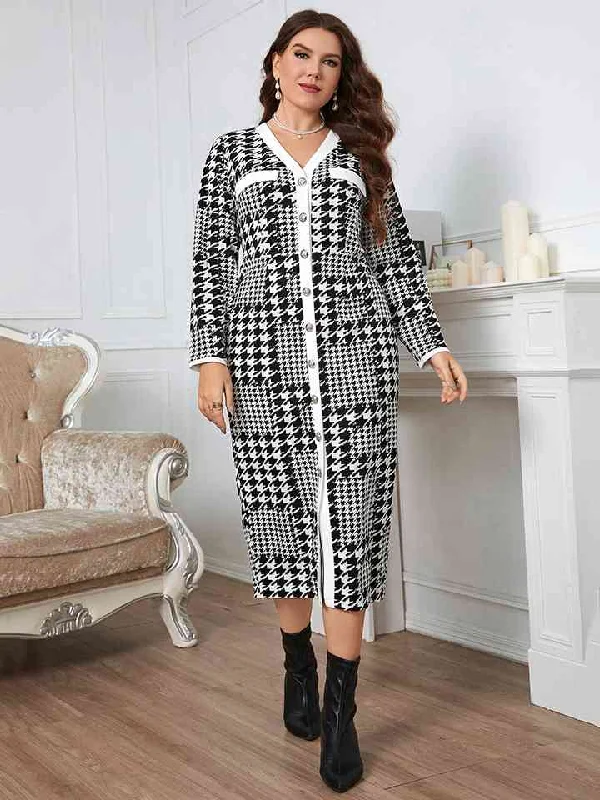 Plus Size Houndstooth Button-Down Long Sleeve DressHuge Savings – Act Now!
