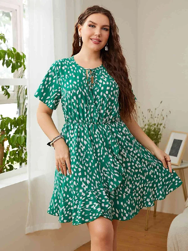 Plus Size Printed Tie Neck Ruffled DressHurry, Sale Ends Soon!