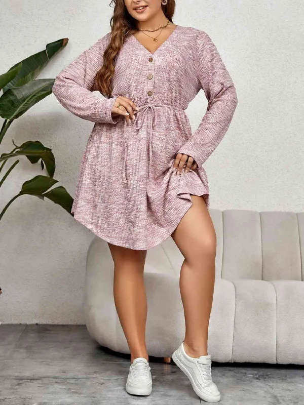 Plus Size V-Neck Tie Waist Long Sleeve DressLimited-Time Price Drop!