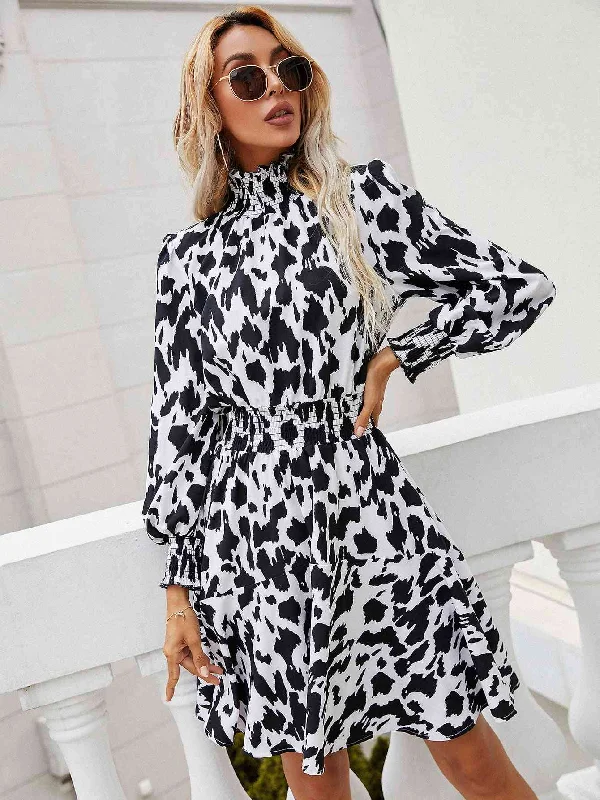 Printed Lantern Sleeve Turtleneck DressCrazy Discounts Inside!