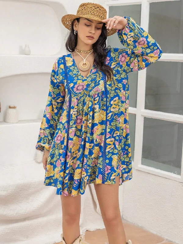 Printed V-Neck Balloon Sleeve Mini DressSave Money, Shop Happy!