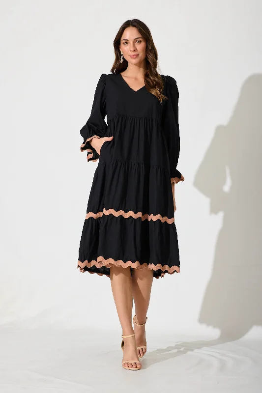 Ramona Midi Smock Dress In Black Cotton With Ric Rac TrimMore Discounts, More Joy!