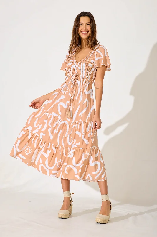 Ray Of Light Midi Dress In Beige With White PrintToday’s Deals, Tomorrow’s Regrets!