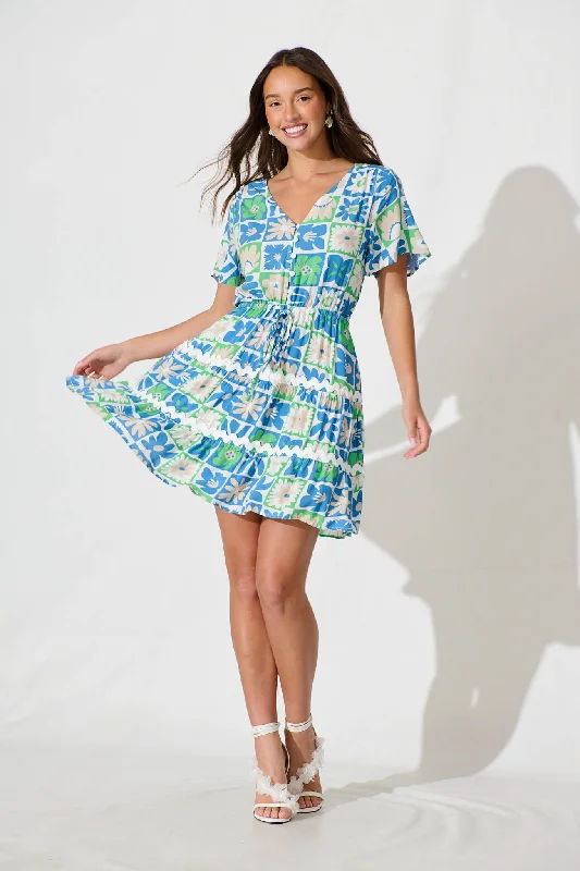 Rimini Dress In Blue Print With White Ric Rac TrimLowest Prices Guaranteed!