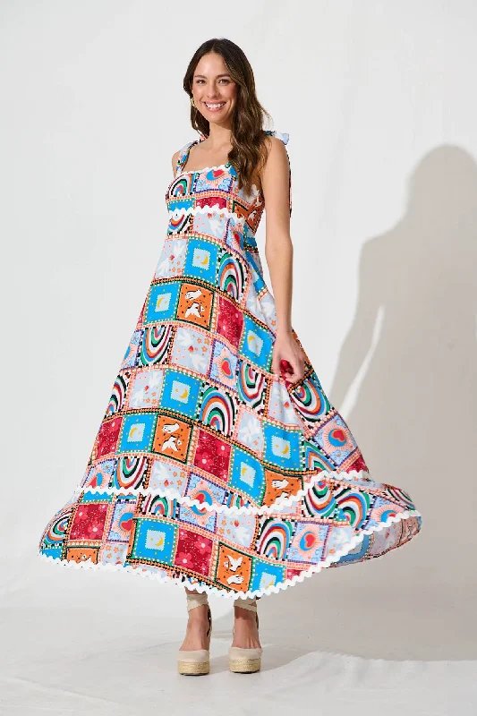 Somerset Maxi Sundress In Bright Multi With Ric Rac TrimHurry! While Supplies Last!