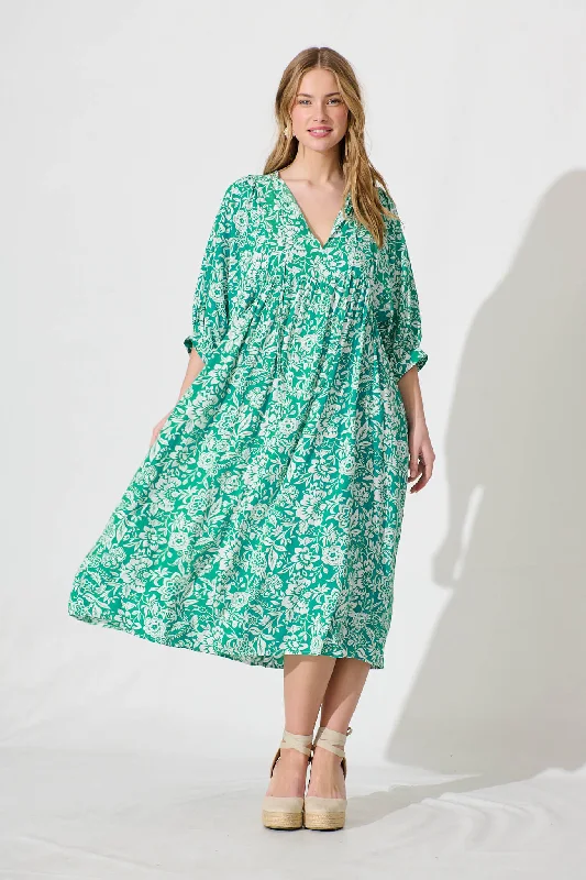 Spring Afternoon Midi Smock Dress In Green With White PrintGet the Best for Less!