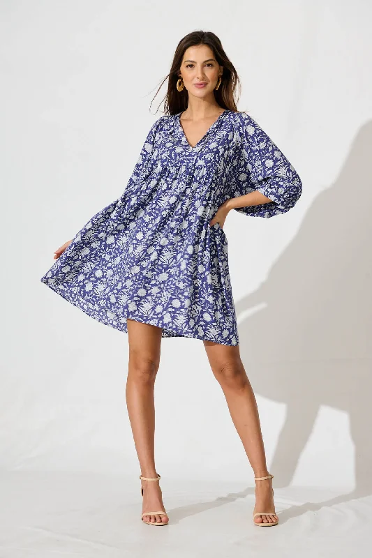 Spring Morning Smock Dress In Blue With White PrintAmazing Prices You Can’t Resist!
