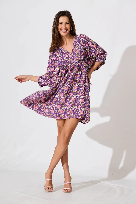 Spring Morning Smock Dress In Purple With Pink FloralShop Smart, Save Big!
