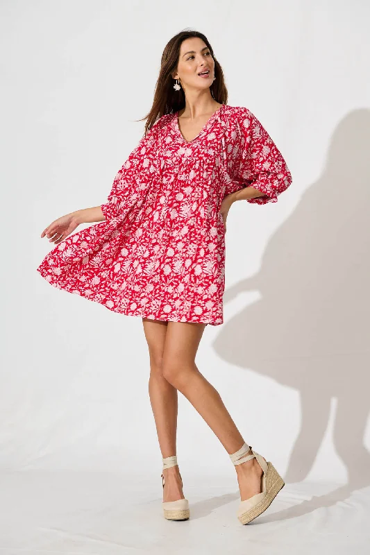 Spring Morning Smock Dress In Red With White PrintSave More with Every Purchase!