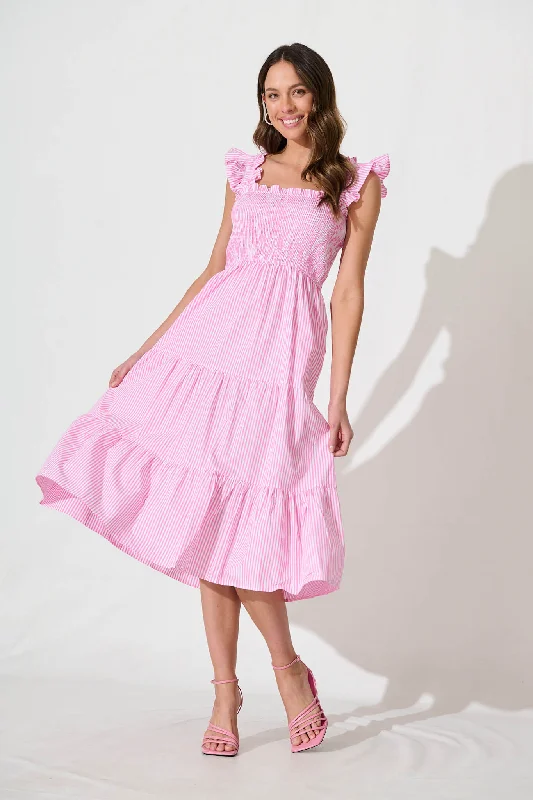 Stassi Midi Dress In Pink And White Stripe CottonUpgrade for Less!