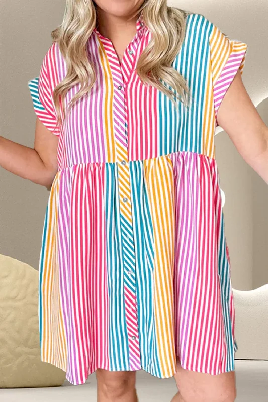 Striped Collared Neck Cap Sleeve Mini DressMega Sale Happening Now!