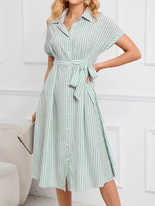 Chic striped midi dress with tie waistLimited Time Offer!