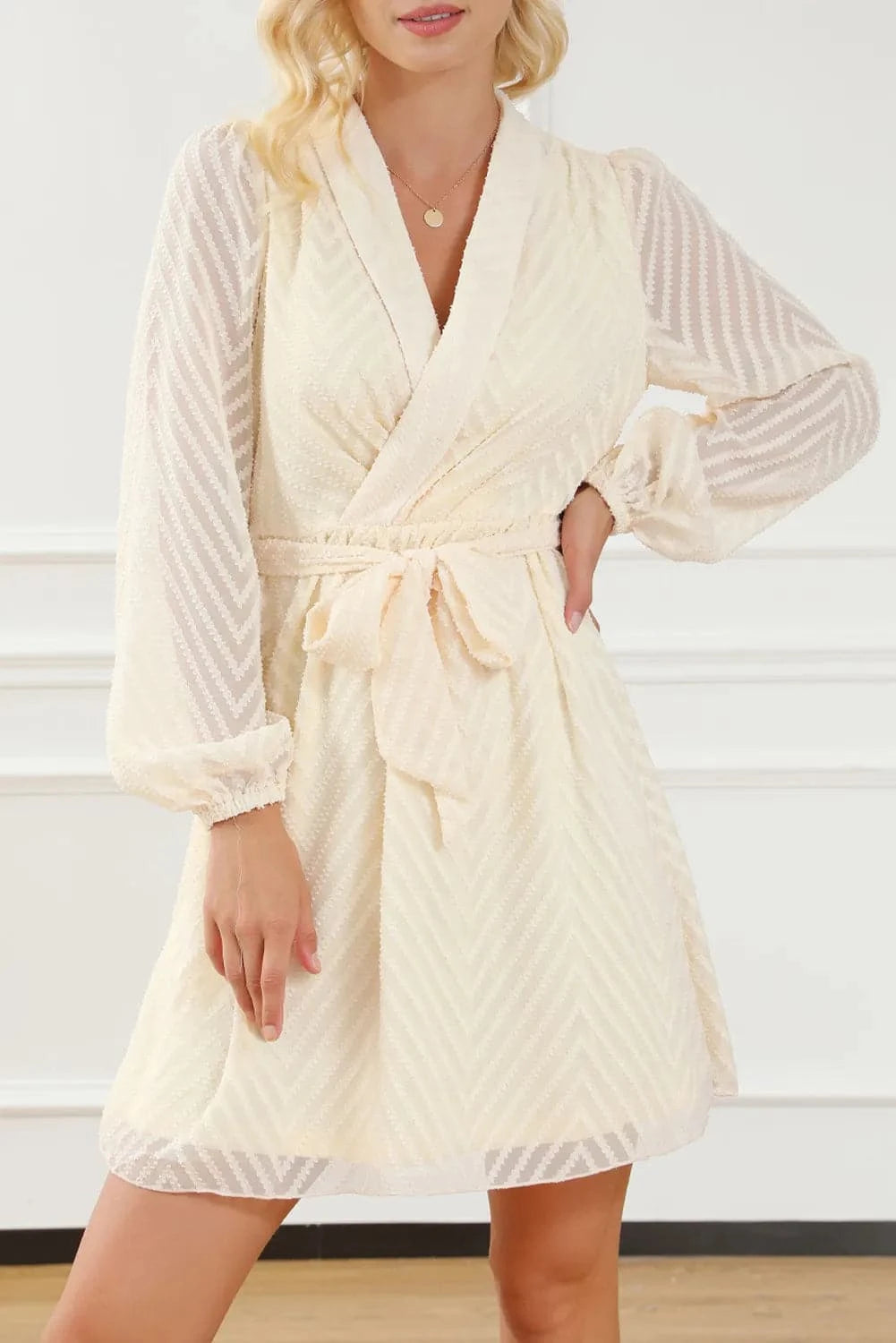 Chic surplice mini dress with sheer tiesYour Chance to Save is Now!