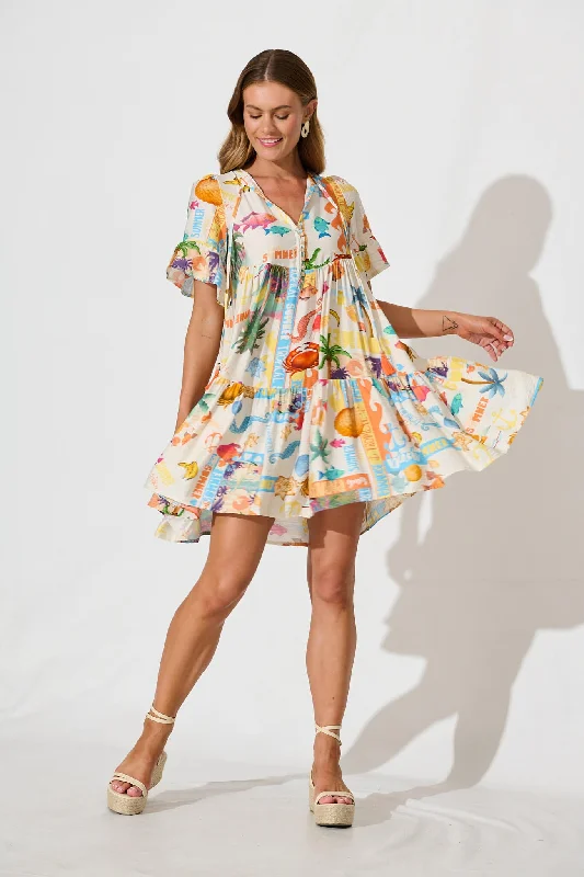 Tahnee Smock Dress In Cream With Multi Summer PrintBuy More, Save More!