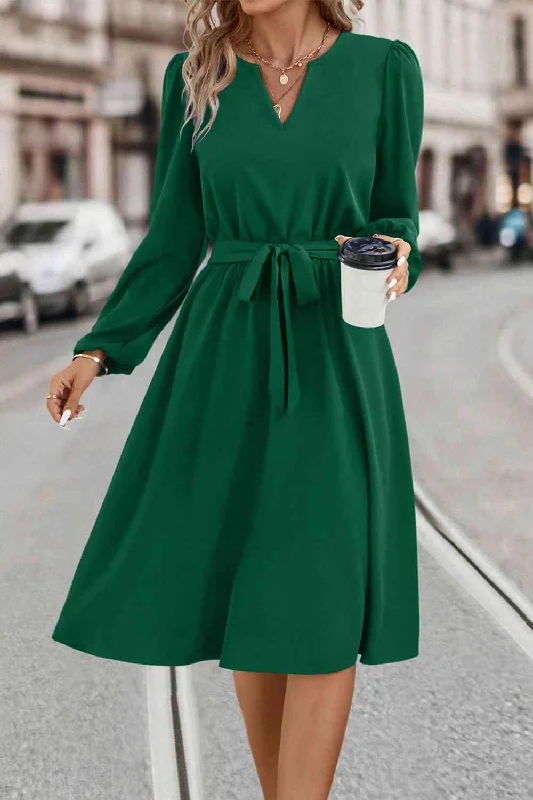 Tie Waist Notched Neck Long Sleeve DressSeasonal Sale – Shop Now!