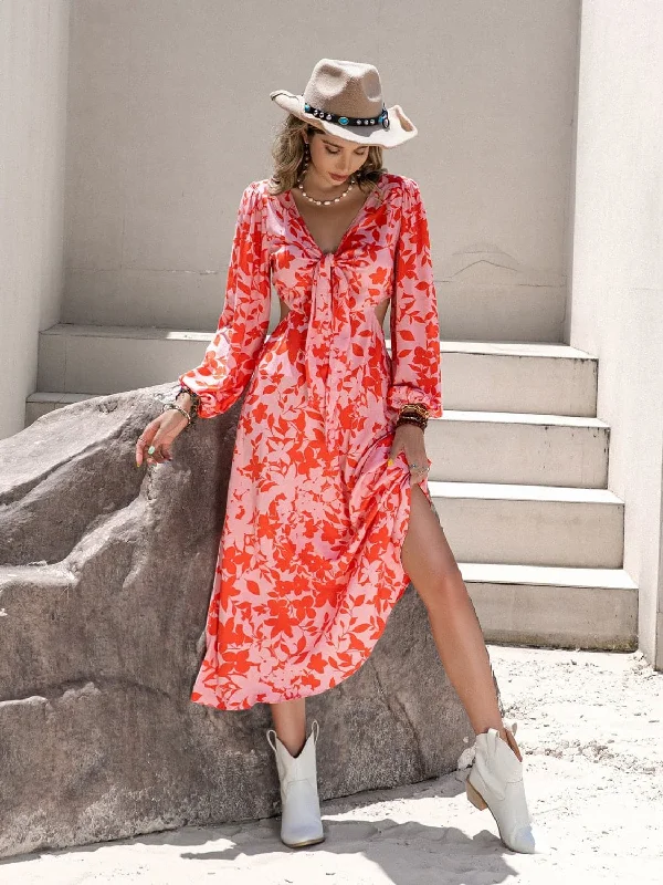 Chic midi dress with tied cutoutSeasonal Sale – Shop Now!