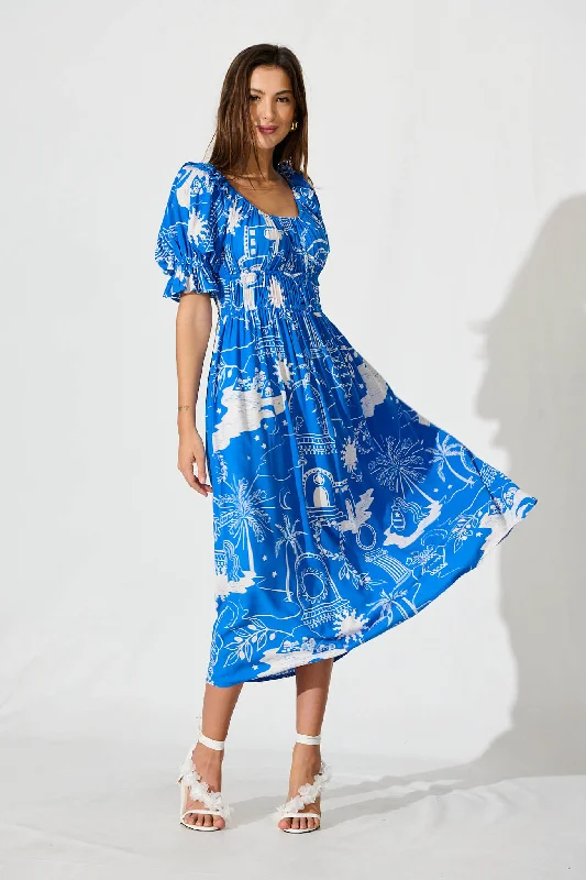 Truly Midi Dress In Blue With White PrintSave More with Every Purchase!