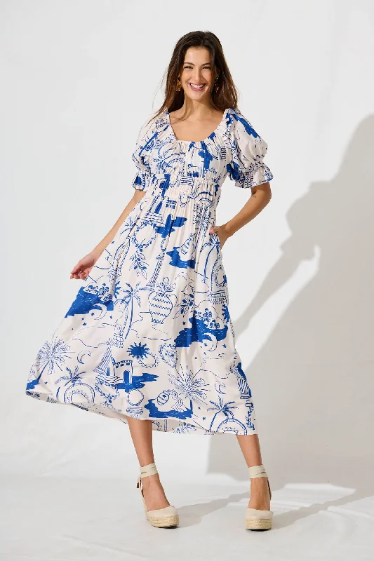 Truly Midi Dress In White With Blue PrintUnlock Huge Savings Now!