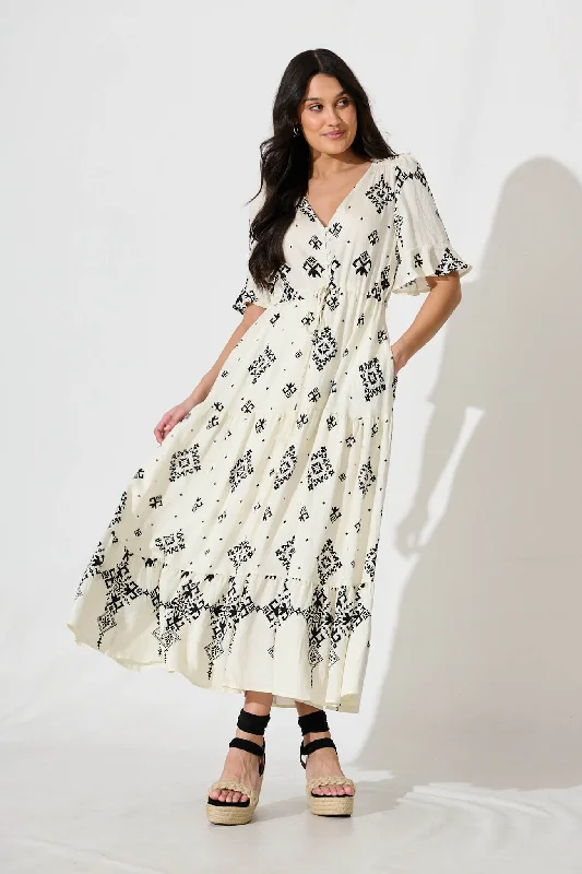 Valya Maxi Dress In Cream with Black Print Linen BlendUnbeatable Prices!