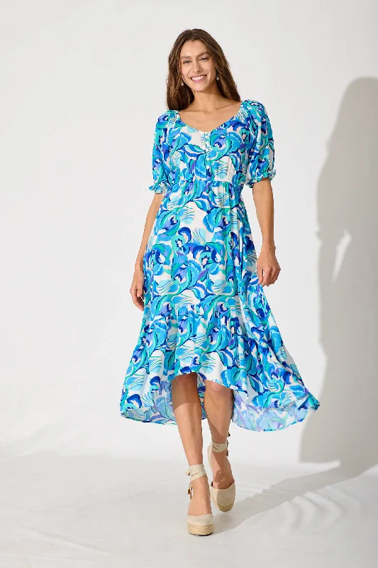 Wave Maxi Dress In Blue With White PrintShop Before It’s Gone!