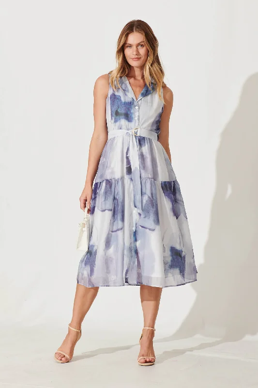 Zali Midi Shirt Dress In Blue Watercolour Cotton BlendTime to Save Big!