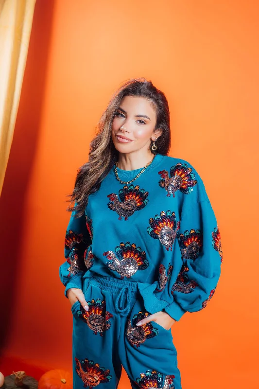 Dark Teal Beaded Turkeys All Over SweatshirtYour Chance to Save is Now!