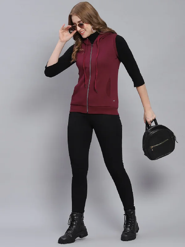 Women Maroon Solid Hooded Sleeveless SweatshirtsGet the Best for Less!