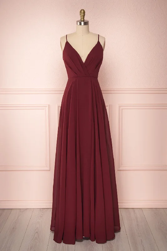 Aelis Burgundy | Pleated Plunging V-Neckline GownSave Like Never Before!