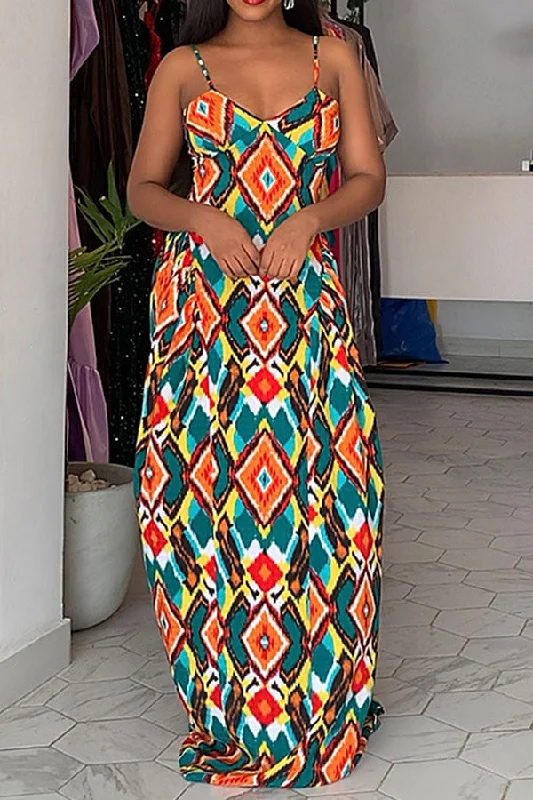 Colorful Geometric Print Feminine Swing Maxi DressEverything Must Go!