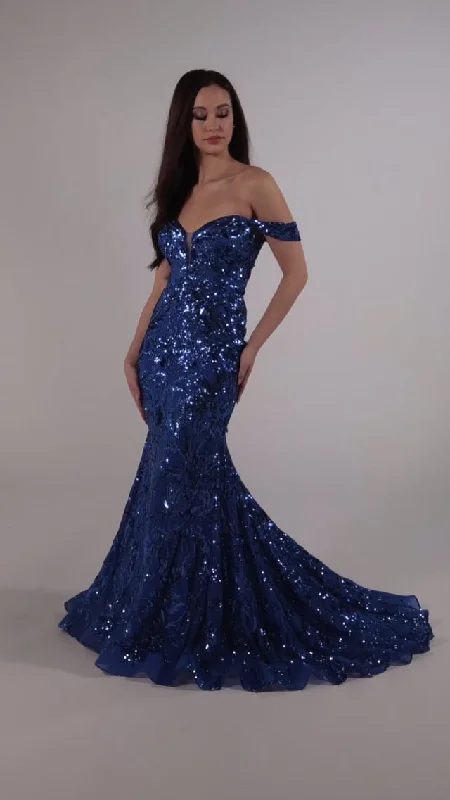 Ellie Wilde Off Shoulder Sequin Prom Dress EW35094Limited Stock Available!