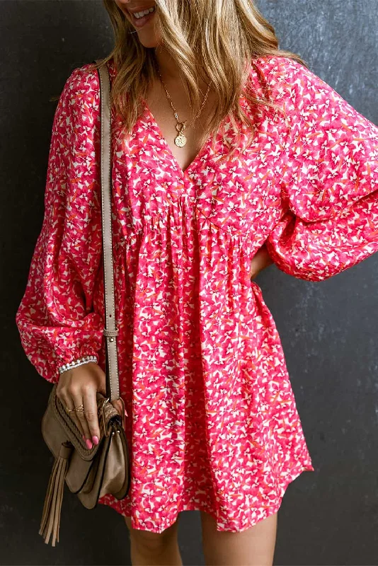 Floral Bubble Sleeve V-Neck DressUnmissable Offers Await!