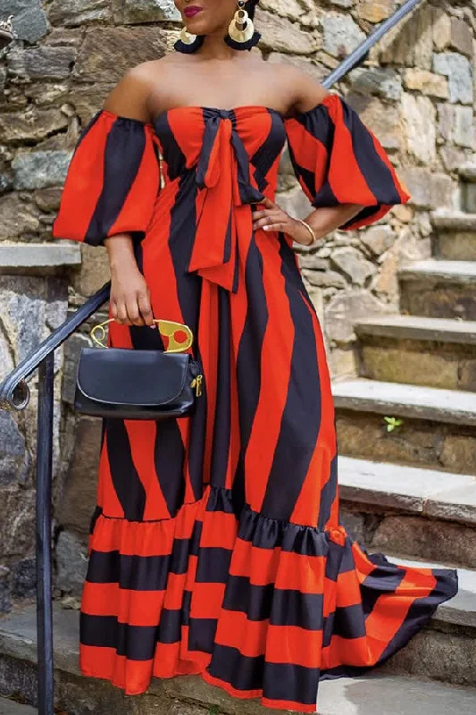 Striped Glamorous Off Shoulder Maxi DressYour Discount is Waiting!