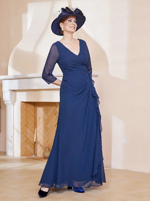3/4-Length Sleeves V-neck Pleated Long Dress Dark NavyExclusive Offers You’ll Love!