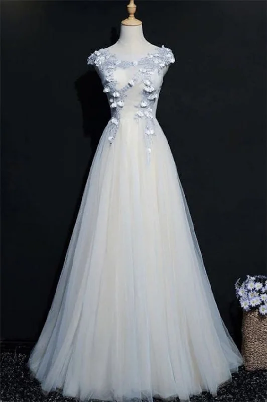 A Line Cap Sleeves Tulle Prom Dress, Floor Length Appliqued Evening Dress with Flowers cg22324Your Favorite Items on Sale Now! A Line Cap Sleeves Tulle Prom Dress, Floor Length Appliqued Evening Dress with Flowers cg22324Your Favorite Items on Sale Now!