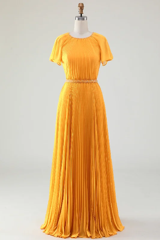 A-Line Round Neck Pleated Yellow Mother of Bride Dress With Short SleevesGrab Yours Before It’s Too Late! A-Line Round Neck Pleated Yellow Mother of Bride Dress With Short SleevesGrab Yours Before It’s Too Late!