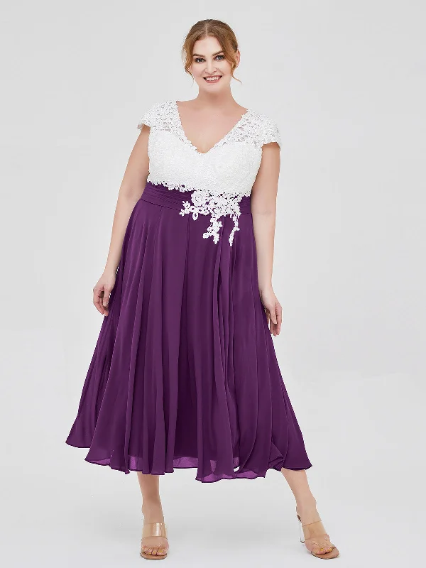 V Neck Chiffon Dress with Ivory Appliqued Bodice GrapeUnbeatable Prices!