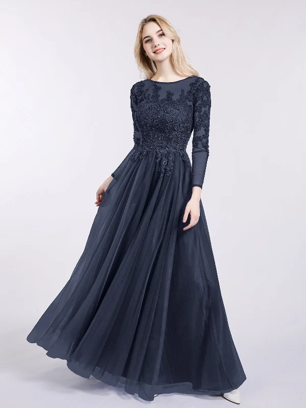 Tulle with Appliqued Long Sleeves Dress-Dark NavyOnly a Few Left – Order Now!