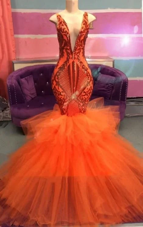 Black Girl Prom Dress Orange Mermaid Lace Appliques Prom Dresses Tulle Ruffles Sexy V-neck Cheap Evening Gowns cg22187Get Ready to Save! Black Girl Prom Dress Orange Mermaid Lace Appliques Prom Dresses Tulle Ruffles Sexy V-neck Cheap Evening Gowns cg22187Get Ready to Save!