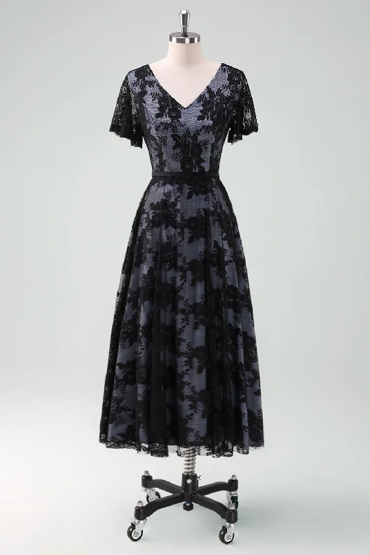 Black V-neck Short Sleeves Lace A-Line Mum of Bride DressLimited Stock Available!