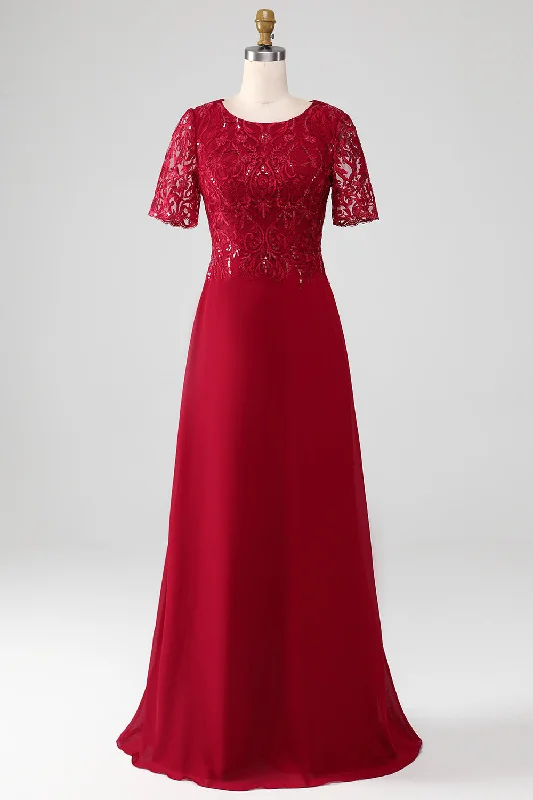 Burgundy A Line Round Neck Sparkly Sequin Mother of Bride Dress With AppliquesShop the Hottest Deals! Burgundy A Line Round Neck Sparkly Sequin Mother of Bride Dress With AppliquesShop the Hottest Deals!